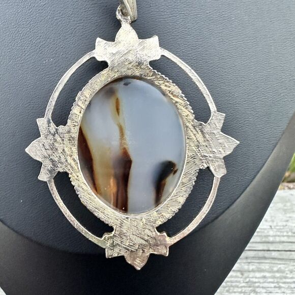 Vintage Dendritic Agate Cameo Pendant Necklace Gold Silver Art Nouveau Style - Picture 3 of 5